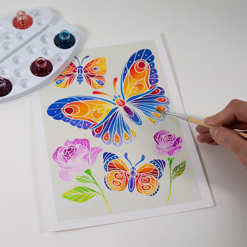 Акварельная раскраска Цветы и бабочки